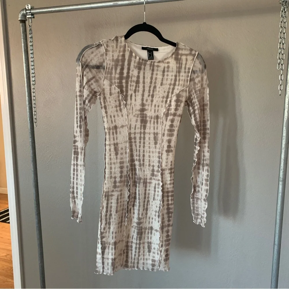 Chiffon snakeskin long sleeve white tan cocktail party mini dress bodycon small - Picture 1 of 7